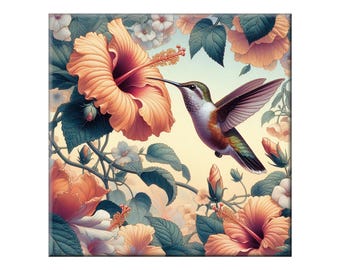 William Morris Ceramic Tile, Hummingbird #6.  A ceramic tile mural of a hummingbird and a hibiscus bloom  in the style of William Morris.