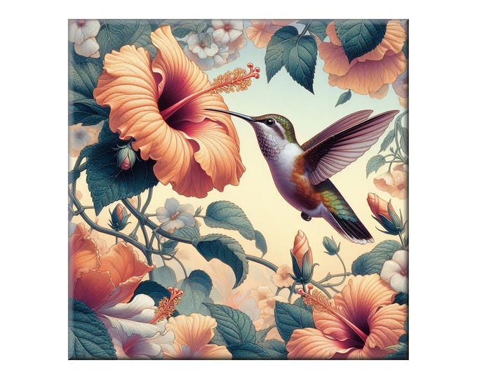 Featured listing image: William Morris Ceramic Tile, Hummingbird #6.  A ceramic tile mural of a hummingbird and a hibiscus bloom  in the style of William Morris.