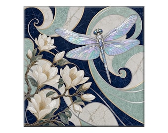 Waterjet Marble Mosaic Replica - Ceramic Tile Mural: Art Nouveau Silver Dragonfly