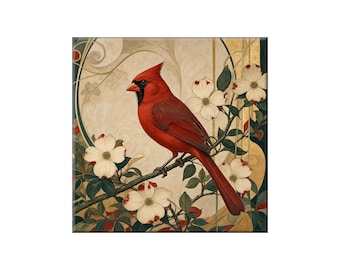 Ceramic Art Tile: Cardinal on Floral Branch - Glossy or Satin Finish