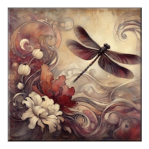 Burgundy Dragonfly Ceramic Art Tile: Glossy Home Accent, Multi-Tile Mural