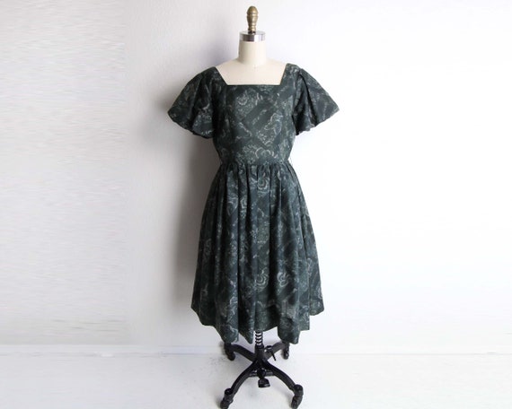 Vintage 1950s Dress Full Skirt Dark Green Floral W