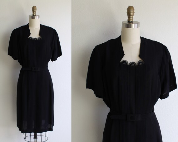 Vintage 1940s Dress Womens Large Black Belted