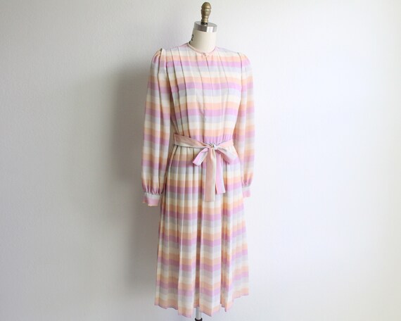 Vintage Dress 1980s Pastel Stripes Pleated Womens