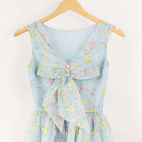 RESERVED Vintage 1950s Floral Dress Pastel Blue Bow XXS