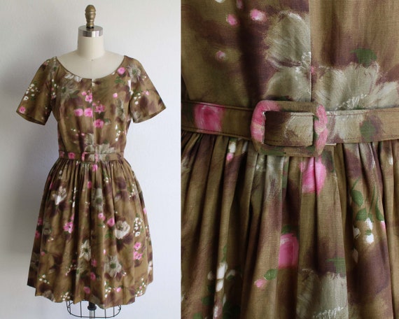 Vintage 1950s Dress Floral Full Skirt Womens Small