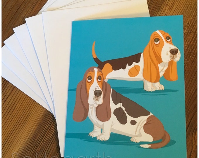 Dog Art Greeting Card Stationary with Envelopes and Display Box. set of 6 Basset Hound Pair Note Cards Blank Inside
