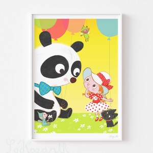 May include: A black and white panda wearing a blue bow tie looks at a girl in a red and white polka dot dress. The girl is holding a flower and has a red bow in her hair. There are colorful balloons in the background.