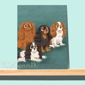 Cavalier King Charles Spaniels Quartet Note Cards, set of 6. Blank Inside. Dog Art Greeting Card Stationary with Envelopes and Display Box.