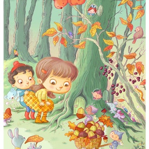 Woodland Fairy Folk Acorn Cart Illustration. Children's Bedroom or Nursery Matte Paper Art Poster Print, signed.
