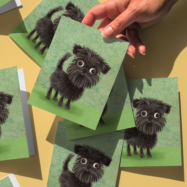 Conjunto de 6 cartões de visita com tema de Affenpinscher. Interior em branco. Cartão comemorativo com arte de cachorro, envelopes e caixa de apresentação.