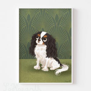May include: A digital illustration of a Cavalier King Charles Spaniel dog sitting on a green background with an art deco pattern. The dog has black, white, and brown fur.