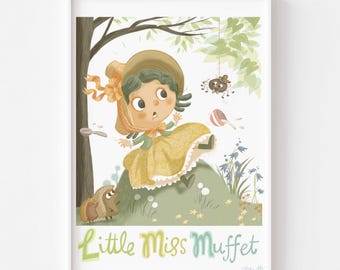 Little Miss Muffet Nursery Rhyme Picture. Child's Baby Kid's Room Wall Decor Matte Paper Illustration Art Poster Print, signed. Unframed