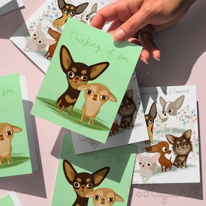 Chihuahuas em Flores e Cartões de Casal de Chihuahuas, conjunto com 6. Dois designs, interior em branco. Cartão de Saudações com Arte de Cachorro, Papelaria e Envelopes.
