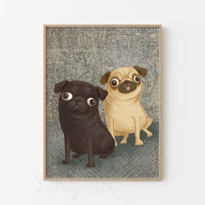 Pug Duo. Matte Paper Dog Illustration Wall Art Poster Print, signed. Unframed