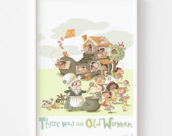 Old Woman Who Lived In A Shoe Nursery Rhyme Picture. Child's Baby Kid's Room Wall Decor Matte Paper Art Illustration Poster Print, signed.