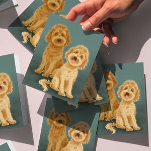 Jeu de 6 cartes de correspondance Double Doodles Golden Doodle Duo, vierges à l'intérieur. Carte de voeux pour chien avec enveloppes et boîte de présentation.