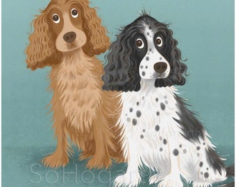 Blue Roan and Brown Tan English Cocker Spaniel Duo. Matte Paper Dog Art Poster Print, signed.