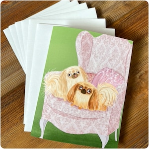 Pekingese Pair Note Cards, set of 6. Blank Inside. Dog Art Greeting Card Stationary with Envelopes and Presentation Box.