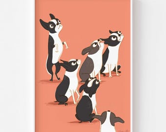 May include: A framed art print featuring six cartoon Boston Terriers in various poses, all looking upwards. The dogs are primarily black and white, set against a coral background. The artwork has a whimsical, illustrative style.