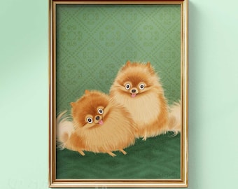Pair of Fluffy Tan Pomeranians. Matte Paper Dog Illustration Art Poster Print, signed. Unframed