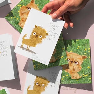 Jeu de 6 cartons de correspondance Brussels Griffon, Deux motifs, vierges à l'intérieur. Carte de voeux d'art de dessin animé de chien fixe avec enveloppes et boîte de présentation.