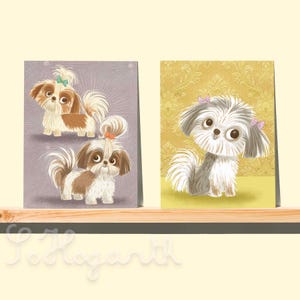 Joli jeu de 6 cartes de correspondance Shih Tzu. Deux modèles, vierges à l'intérieur. Carte de voeux d'art d'illustration de chien fixe avec enveloppes et boîte de présentation.