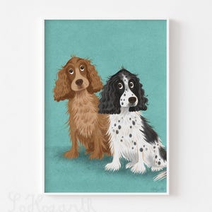 Blue Roan and Brown Tan English Cocker Spaniel Duo. Matte Paper Dog Illustration Portrait Wall Art Poster Print, signed. Unframed