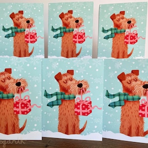 Notitiekaarten vakantie Irish Terrier, set van 6. Blanco binnenkant. Dog Art-kerstkaarten, briefpapier met enveloppen en presentatiedoos.
