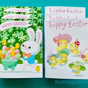 Osterkarten Kaninchen und Küken in Mützen, innen blanko. Zwei Designs, Set aus 6 Grußkarten mit Umschlägen und Geschenkbox.