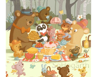 Teddy Bears' Picnic Nursery Rhyme Picture. Child's Room Matte Paper Art Poster Print, signed.