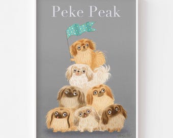 Fluffy Stack of Pekes. Matte Paper Illustration Wall Art Pekingese Dog Poster Print, signed. Unframed