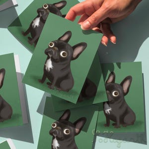Conjunto de 6 cartões comemorativos com tema de Bulldog Francês Preto. Interior em branco. Cartão comemorativo com tema de Bulldog Francês, papelaria, envelopes e caixa de apresentação.