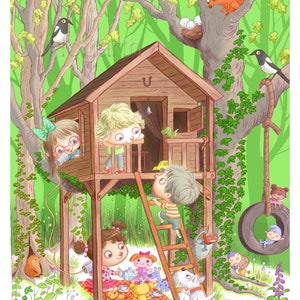 Children's Treehouse Woodland Fairy Folk. Kids Bedroom or Nursery Matte Paper Art Poster Print, signed.
