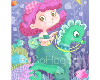 Mermaid Jade on her Seahorse. Children's Party, Kids Bedroom or Nursery Matte Paper Art Poster Print, signed.