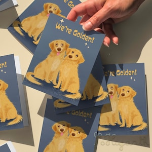 Biglietti d'auguri per l'anniversario dell'amicizia con Golden Retriever. Set da 6, bianchi all'interno. Carta da lettere con buste e scatola regalo con decorazioni per cani.