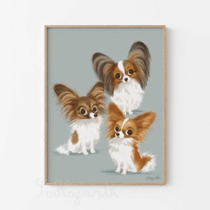 Papillon Trio. 8x11", 12x16.5", 13x19" Matte Paper Illustration Pet Portrait Wall Art Dog Poster Print, signed. Unframed