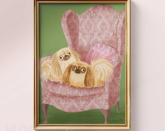 Pekingese Pair. Matte Paper Dog Illustration Portrait Wall Art Poster Print, signed. Unframed
