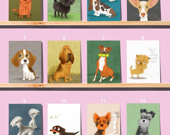 Pick & Choose Set of 6 Note Cards, YOUR CHOICE of any 6 Dog Print Designs. Blank Inside Greeting Cards with Envelopes and Presentation Box.