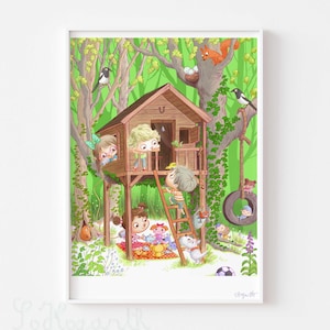 Children&#39;s Treehouse Woodland Fairy Folk. Kids Bedroom Baby Nursery Decor Wall Art Matte Paper Poster Print, signed. Unframed