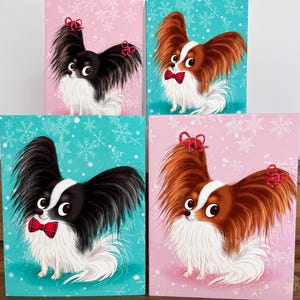 Cartões de Natal Papillon, conjunto de 6. Em branco por dentro. Cartão de Natal com arte de cachorro, papelaria com envelopes e caixa de apresentação.