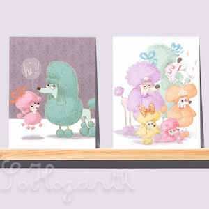 Notitiekaarten paar pastelkleurige poedels en poedels, set van 6. Twee ontwerpen, blanco binnenkant. Hond Cartoon Art wenskaart stationair met enveloppen.