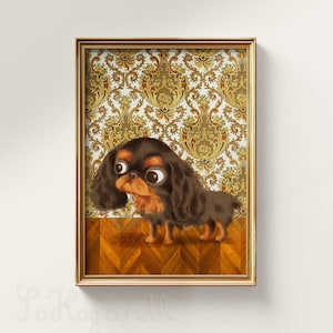 May include: A brown and black Cavalier King Charles Spaniel dog with big brown eyes sits in front of a gold and white patterned wallpaper. The dog is looking to the left of the image.