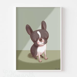 Boston Terrier Sunbeam. Matte Paper Dog Illustration Portrait Art Poster Print, signed. Unframed