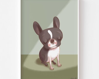 Boston Terrier Sunbeam. Matte Paper Dog Illustration Portrait Art Poster Print, signed. Unframed