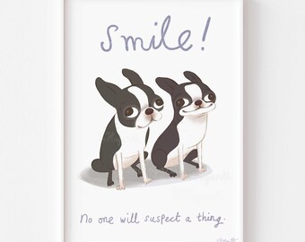Boston Terriers Smile. Matte Paper Dog Illustration Cartoon Art Poster Print, signed. Unframed