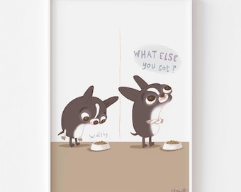 Boston Terrier Picky Eater. Matte Paper Dog Illustration Cartoon Art Poster Print, signed. Unframed
