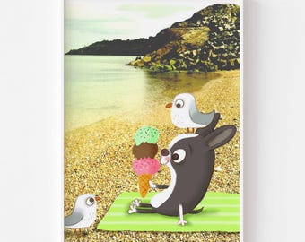 May include: A black and white dog with a green, pink, and white ice cream cone on a green and white striped towel on a beach with two white seagulls.
