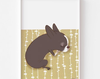 Sleepy Boston Terrier. Matte Paper Dog Illustration Portrait Art Poster Print, signed. Unframed