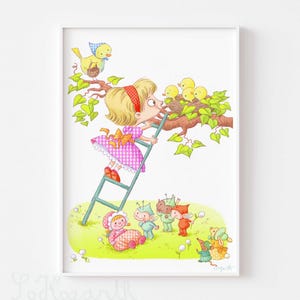 Hello Birdies homage to Mabel Attwell Fairy Illustration. Children&#39;s Bedroom Nursery Decor Matte Paper art Poster Print, signed. Unframed